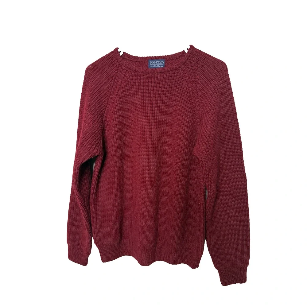 Lands End Size L Fishermans Sweater Red Wool womens Heavy Knit Vintage Lands'